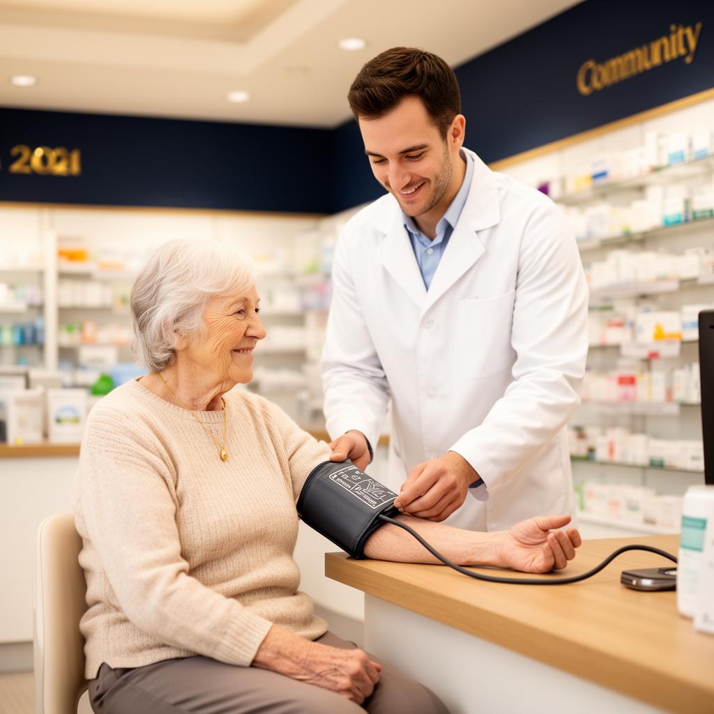 Pharmacist checking an elderly patient's blood pressure